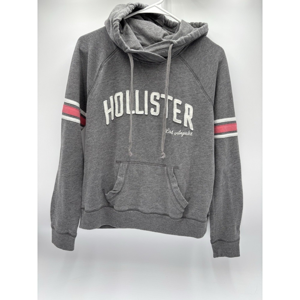 Hollister Gray Pullover Hoodie Pink Stripe Sleeve Logo Sweatshirt Medium - Picture 2 of 9